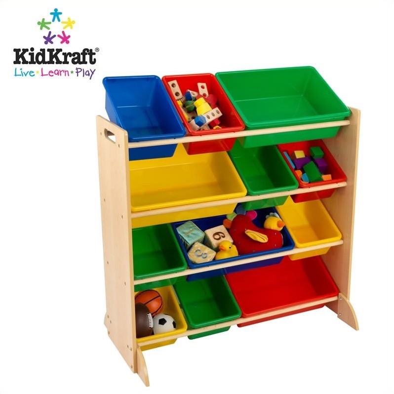 2 Piece Modern White Play Kitchen with Colorful Storage Bin Set