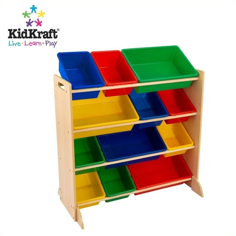 2 Piece Modern White Play Kitchen with Colorful Storage Bin Set