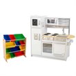 2 Piece Modern White Play Kitchen with Colorful Storage Bin Set