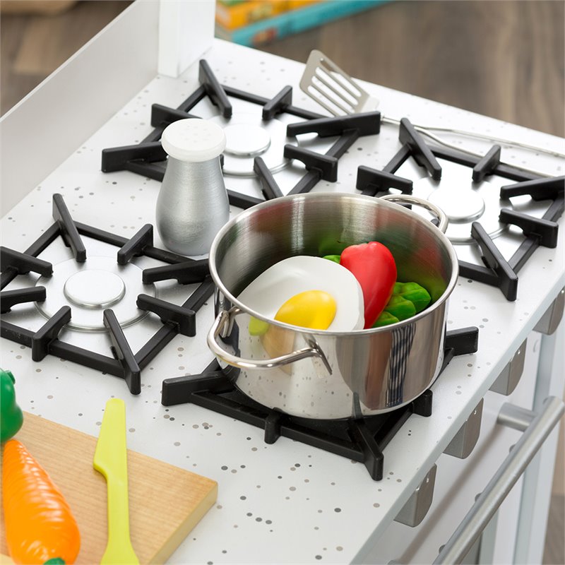 Complete Modern Kids Play Kitchen Set with Toy Cookware Set in White