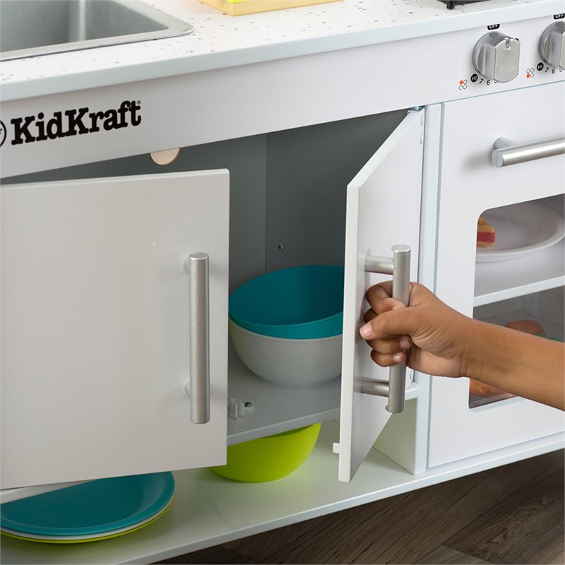 Complete Modern Kids Play Kitchen Set with Toy Cookware Set in White