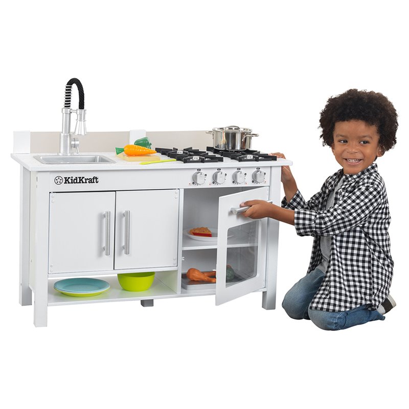 Complete Modern Kids Play Kitchen Set with Toy Cookware Set in White