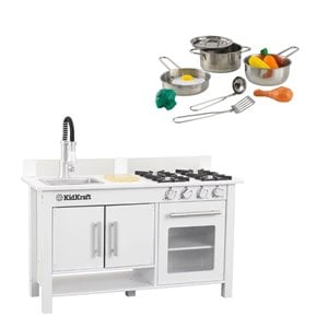 Complete Modern Kids Play Kitchen Set with Toy Cookware Set in White
