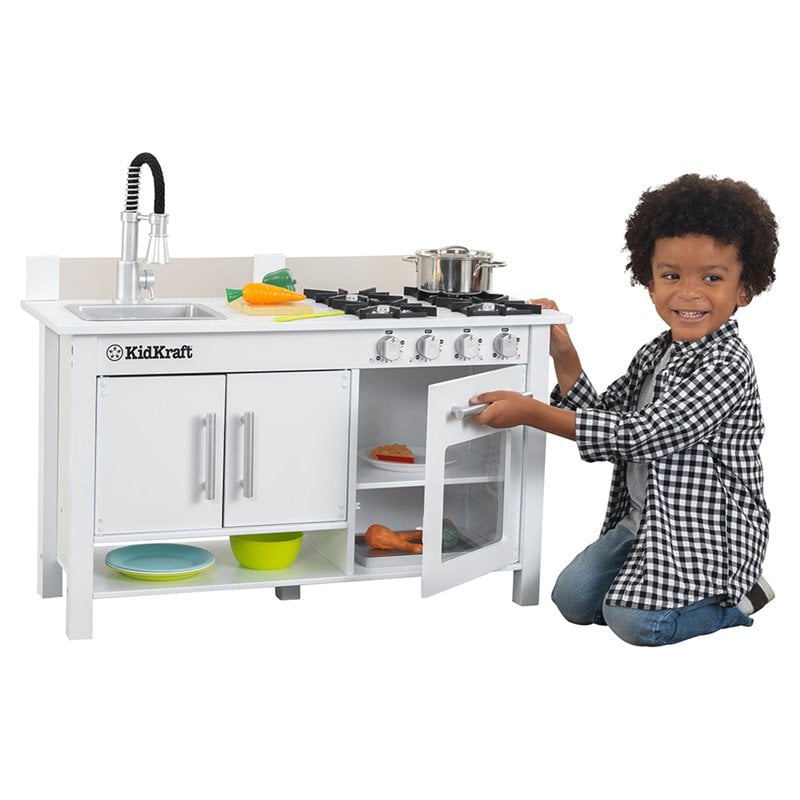 Kids Play Kitchen Set in White with 27 Piece Toy Dish Play Set