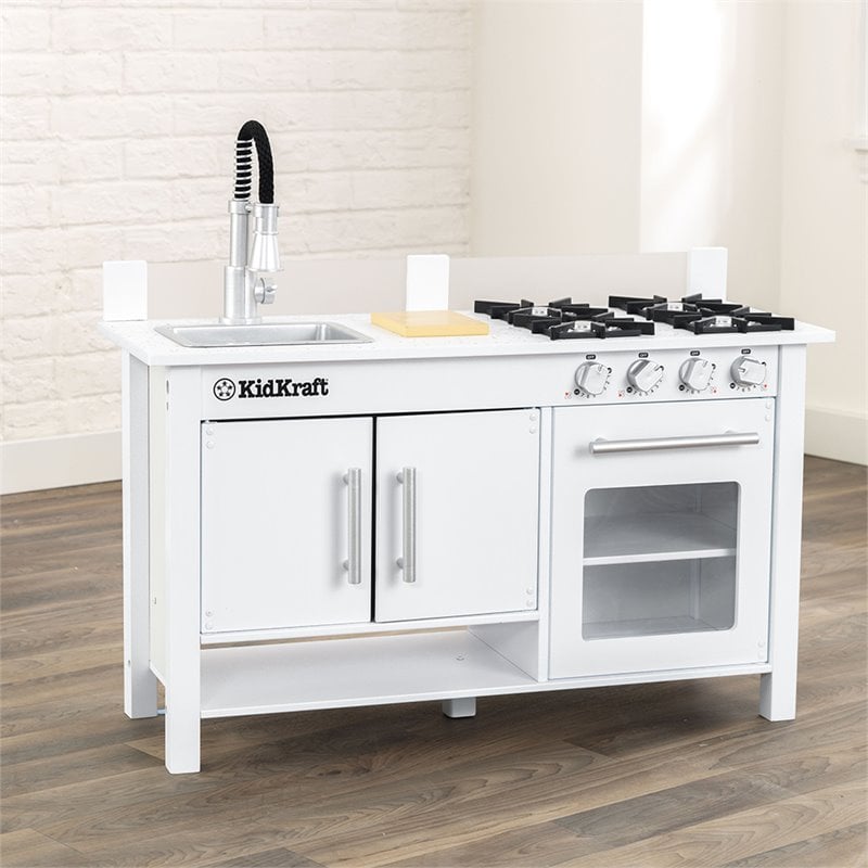 Kids Play Kitchen Set in White with 27 Piece Toy Dish Play Set