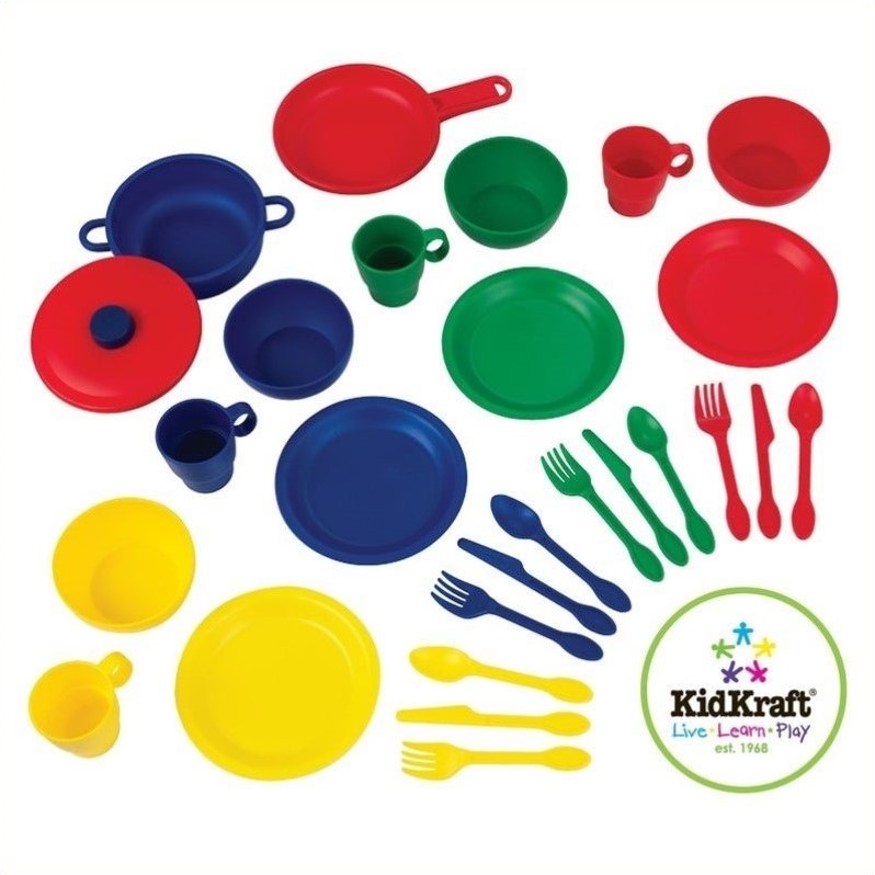 Kids Play Kitchen Set in White with 27 Piece Toy Dish Play Set