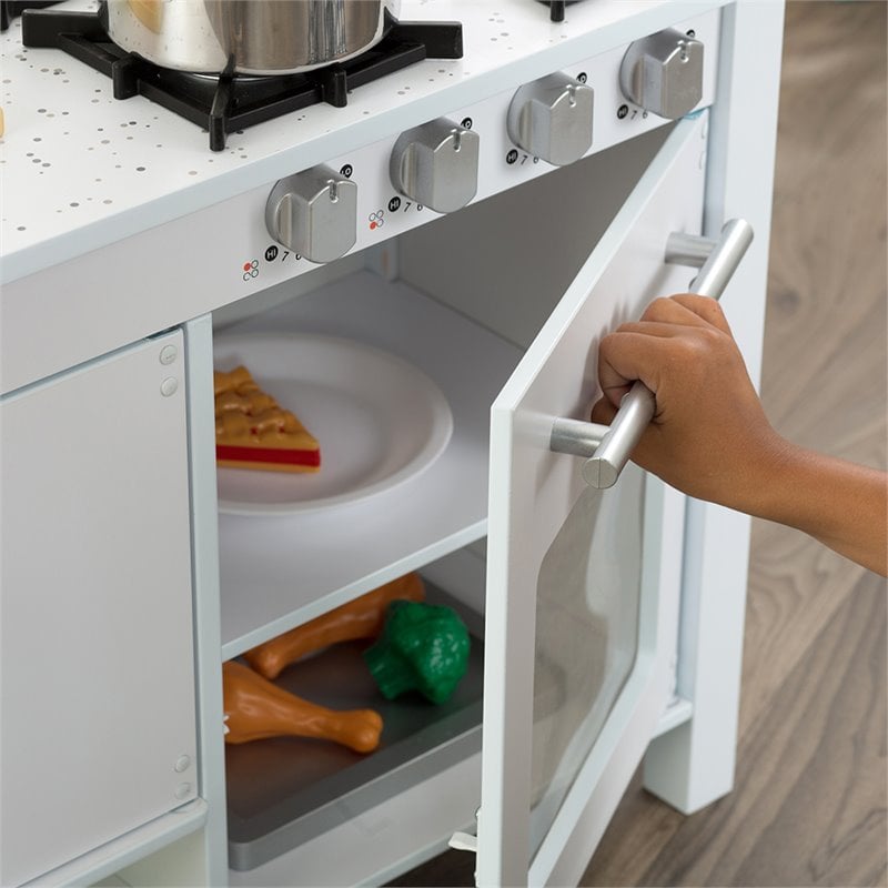 Kids Play Kitchen Set in White with 27 Piece Toy Dish Play Set