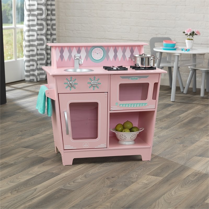 Girls Play Kitchen Set and 27 Piece Kitchen Dish Play Set in Pastel