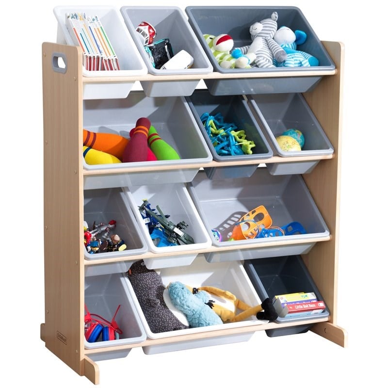 Kidkraft Sort It & Store It 4 Shelf Plastic Storage Bin Unit in Gray and Natural