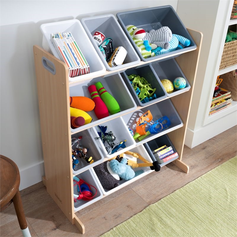 Kidkraft Sort It & Store It 4 Shelf Plastic Storage Bin Unit in Gray and Natural