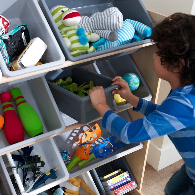 Kidkraft Sort It & Store It 4 Shelf Plastic Storage Bin Unit in Gray and Natural