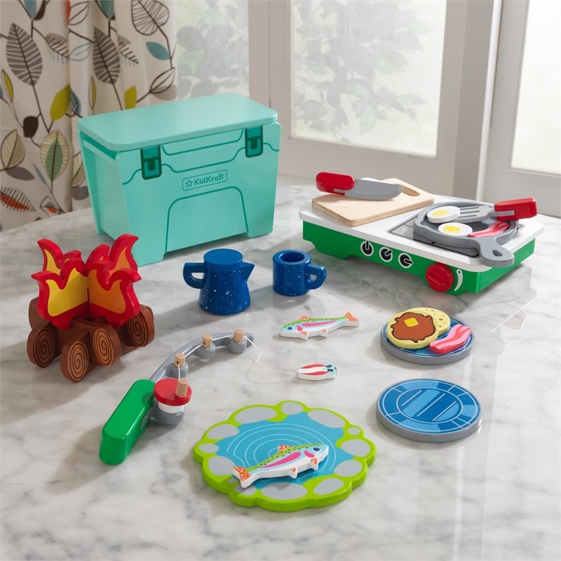 Kidkraft Let's Pretend 27 Piece Wooden Plastic Camping Cookout Play Set