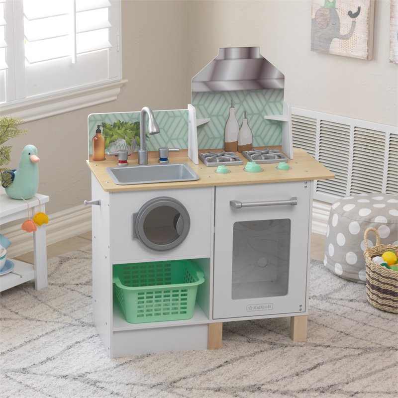 Kidkraft Whisk & Wash Wooden Plastic Play Kitchen and Laundry in White