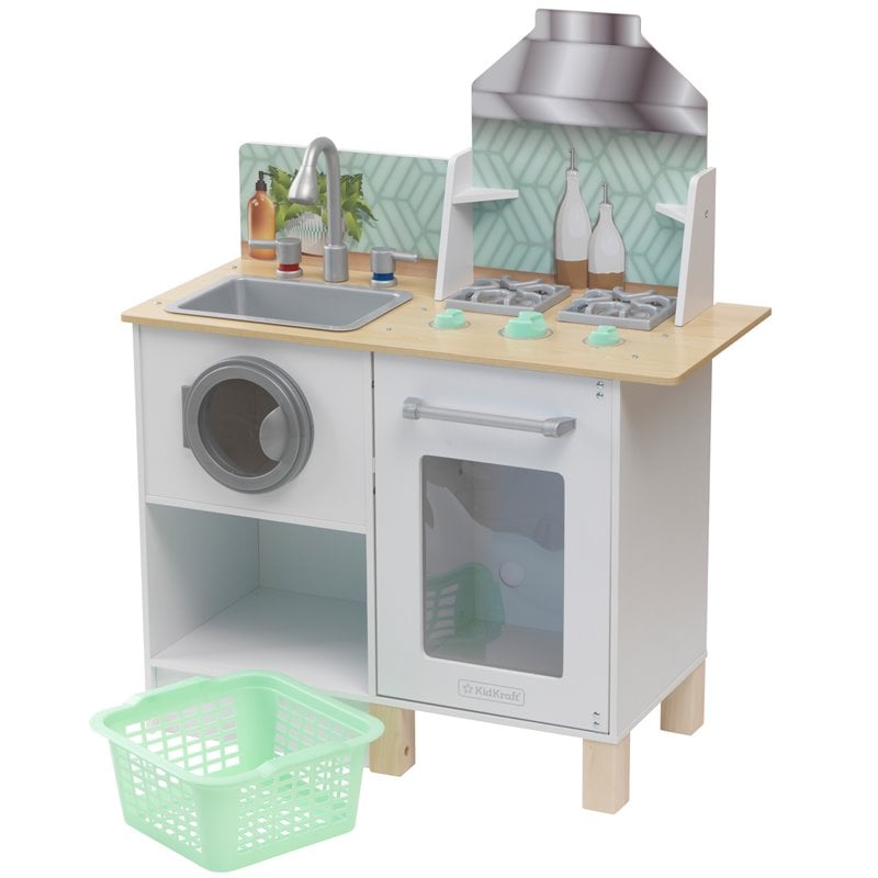 Kidkraft Whisk & Wash Wooden Plastic Play Kitchen and Laundry in White