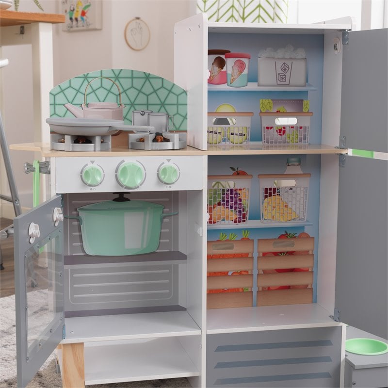 Kidkraft 2 in 1 Wooden Plastic Play Kitchen and Laundry in Gray and White