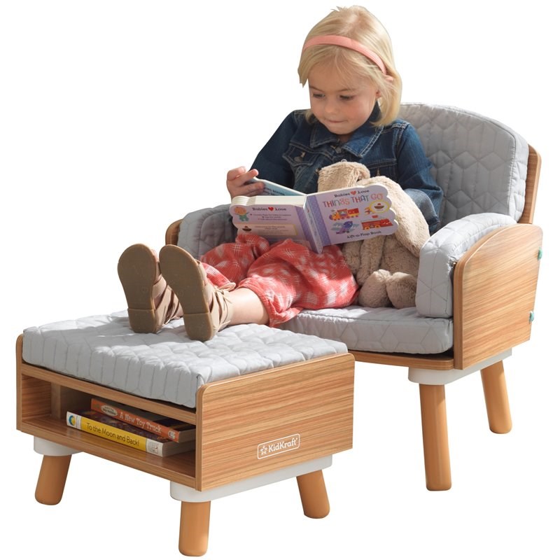 Kidkraft Mid-Century Kid 2 Piece Fabric Cushioned Reading Chair and Ottoman