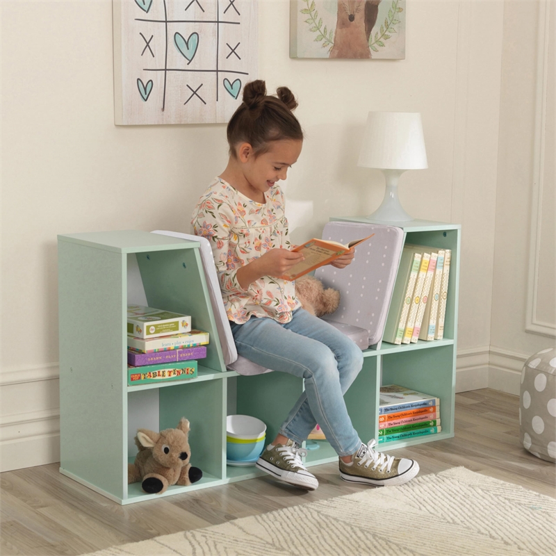 Kidkraft 6 Cubby Wooden Fabric Cushioned Reading Nook Bookcase in Mint