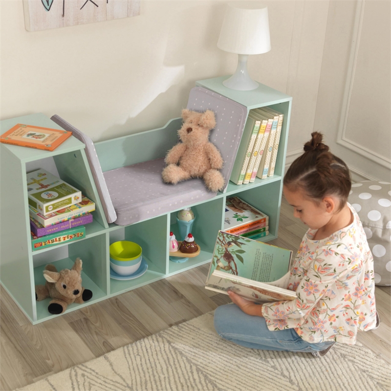Kidkraft 6 Cubby Wooden Fabric Cushioned Reading Nook Bookcase in Mint