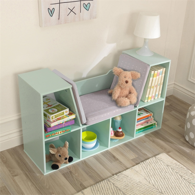 Kidkraft 6 Cubby Wooden Fabric Cushioned Reading Nook Bookcase in Mint