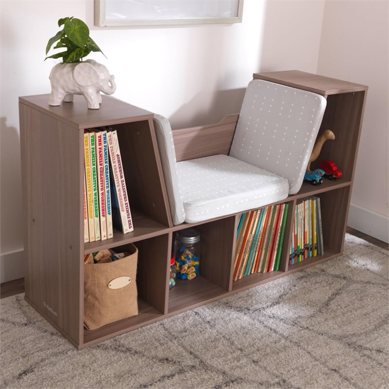 Kidkraft 6 Cubby Wooden Fabric Cushioned Reading Nook Bookcase in Brown