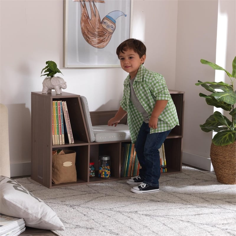 Kidkraft 6 Cubby Wooden Fabric Cushioned Reading Nook Bookcase in Brown