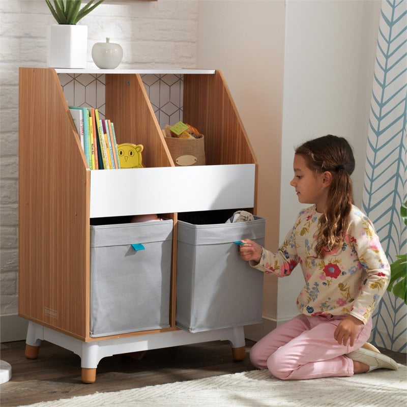 Kidkraft Mid-Century Kid Wooden Storage Unit With Canvas Bins