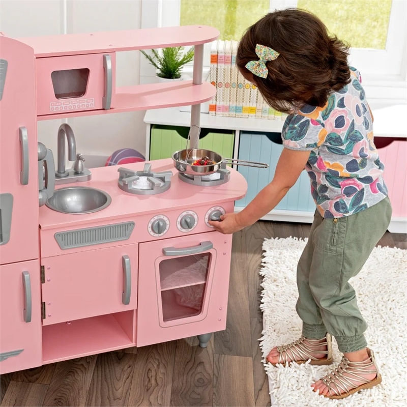 KidKraft Vintage Play Kitchen in Pink with Stainless Steel Fixtures & Ice Maker