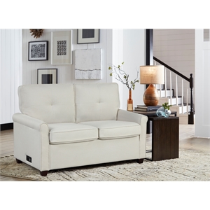 lifestyle solutions ainsley sofa with pull out bed in beige fabric upholstery