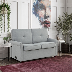 lifestyle solutions ainsley sofa with pull out bed in gray fabric upholstery