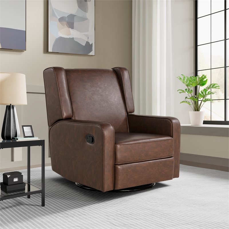 Relax A Lounger Einsley Swivel Rocker Recliner in Brown Vegan Faux Leather