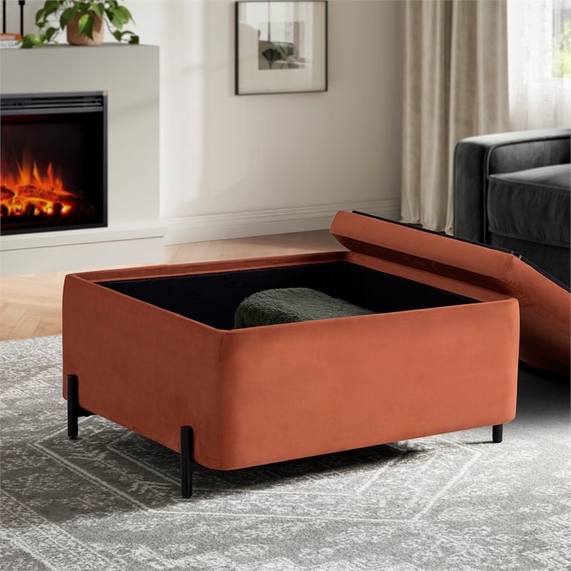 Studio Living Kensington Large Storage Ottoman in Rust Velvet Upholstery