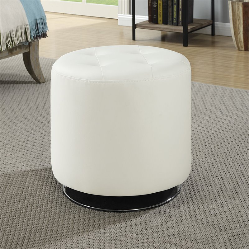 Coaster Tufted Faux Leather Round Ottoman In White And Chrome 500554