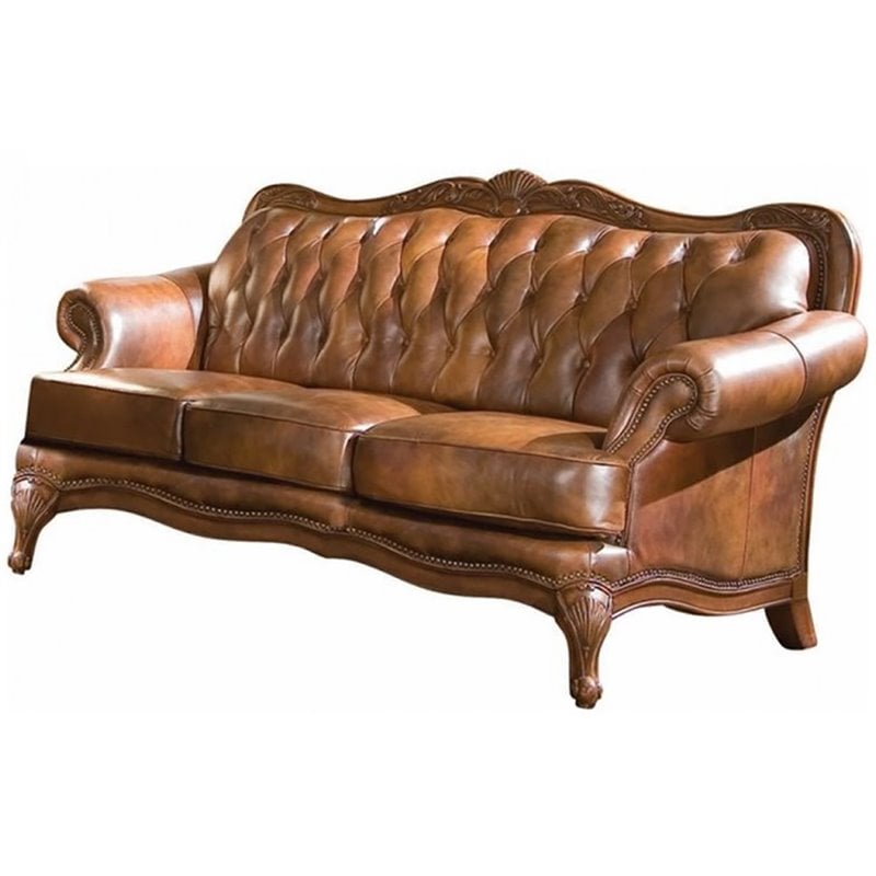 Coaster Victoria Leather Tufted Sofa with Rolled Arms in Brown