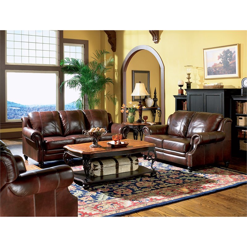 Coaster Princeton Leather Loveseat with Nailhead Trim in Burgundy