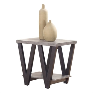 coaster higgins v shaped end table with lower shelf in antique gray and black