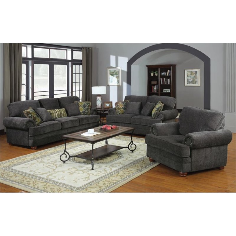 Coaster Colton 3 Piece Traditional Upholstered Sofa Set In Smokey