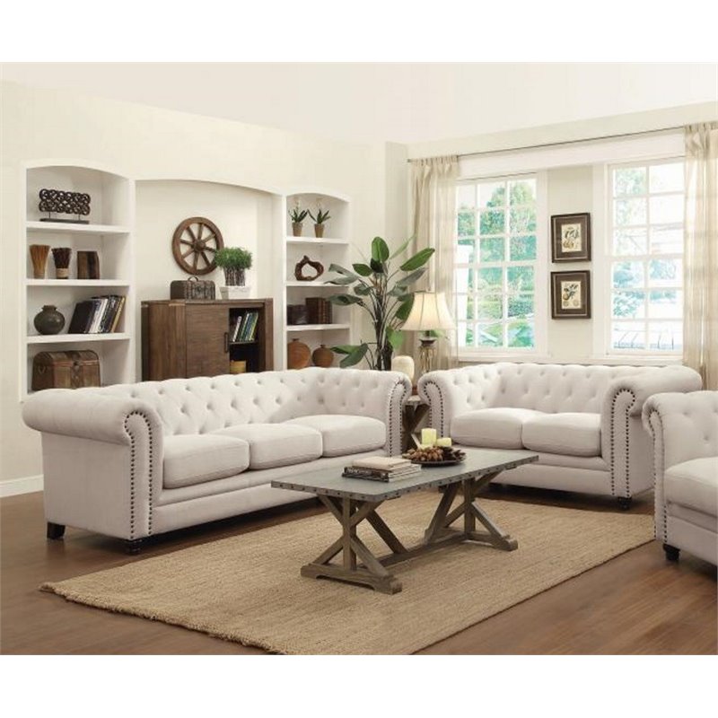 Coaster 2 Piece Fabric Button Tufted Sofa Set in Cream 504554S2