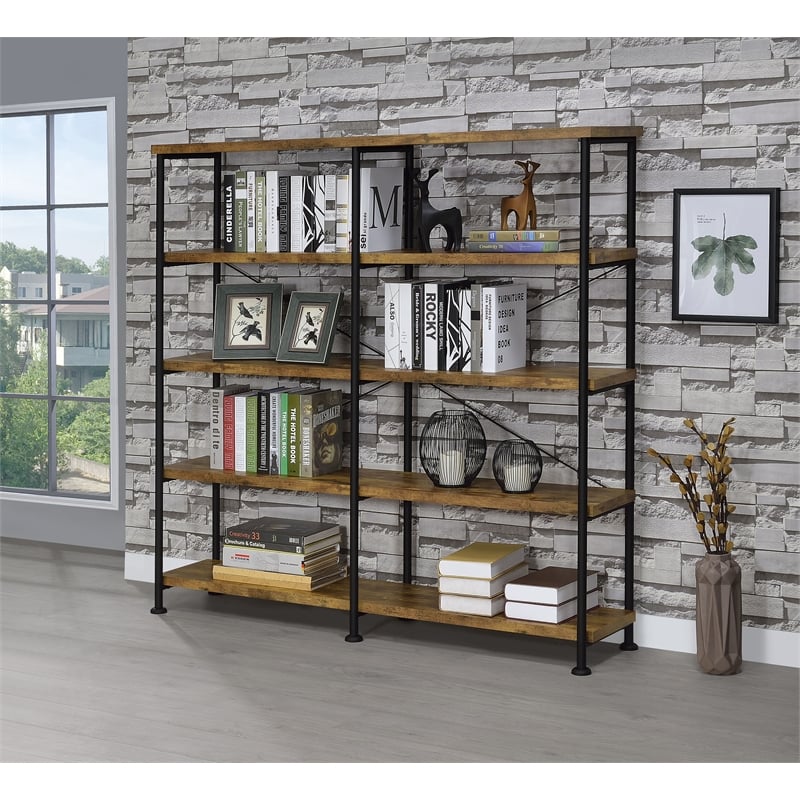 Analiese Engineered Wood 63-inch 4-shelf Double Bookshelf Rustic Nutmeg