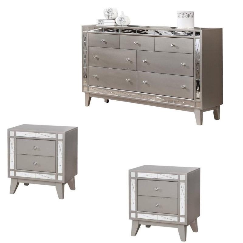 Coaster Leighton 3pc Dresser And Set Of, Mirrored Bedside Table And Chest Of Drawers Set