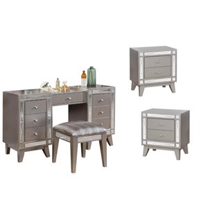 coaster 4pc vanity with stool and set of 2 nightstands in silver