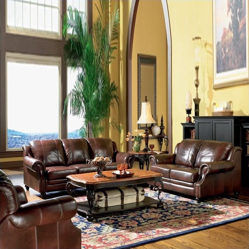 coaster princeton 3 piece leather sofa living room set in brown