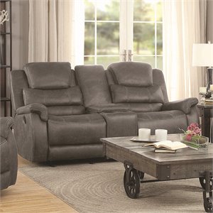 coaster wyatt faux leather glider reclining loveseat with console in gray