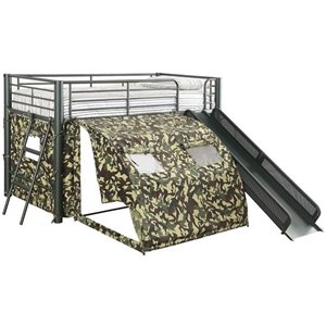 coaster camouflage loft bed with slide tent cover in army green