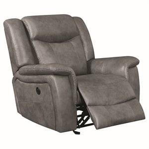 coaster conrad faux leather glider recliner in cool gray and black