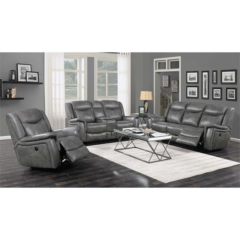 Coaster Conrad 3 Piece Faux Leather, Leather Power Recliner Sofa Gray