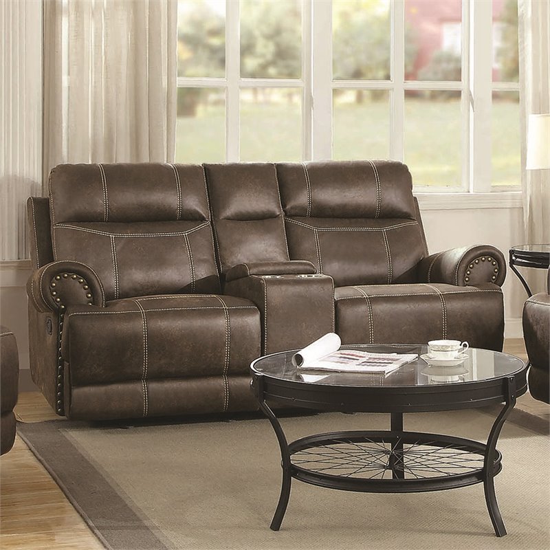 Coaster Brixton Glider Reclining, Leather Reclining Loveseat With Cup Holders