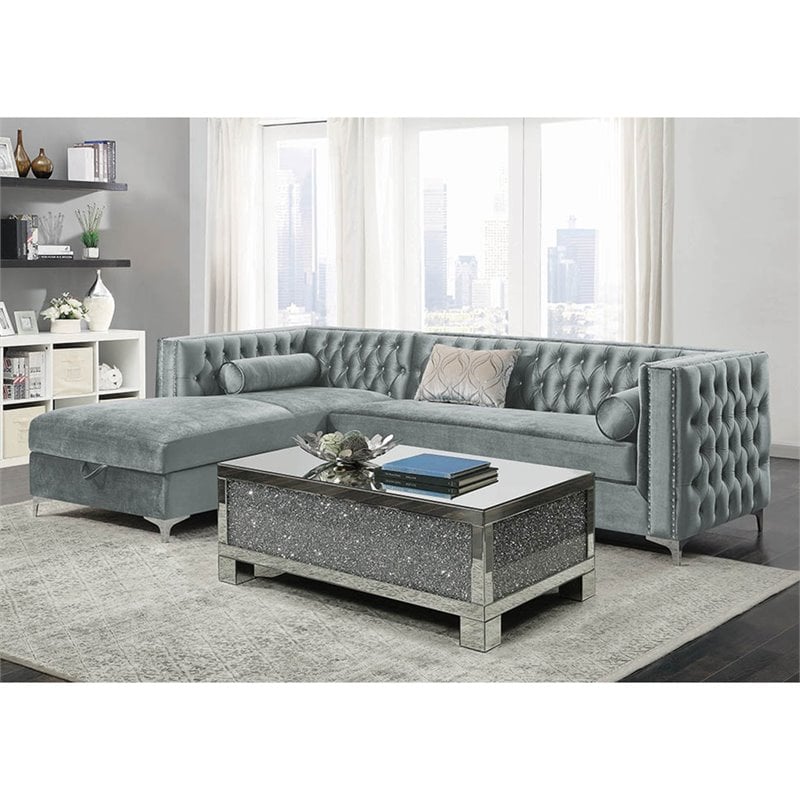 Coaster Bellaire Velvet Tufted Left Facing Storage Sectional in Gray