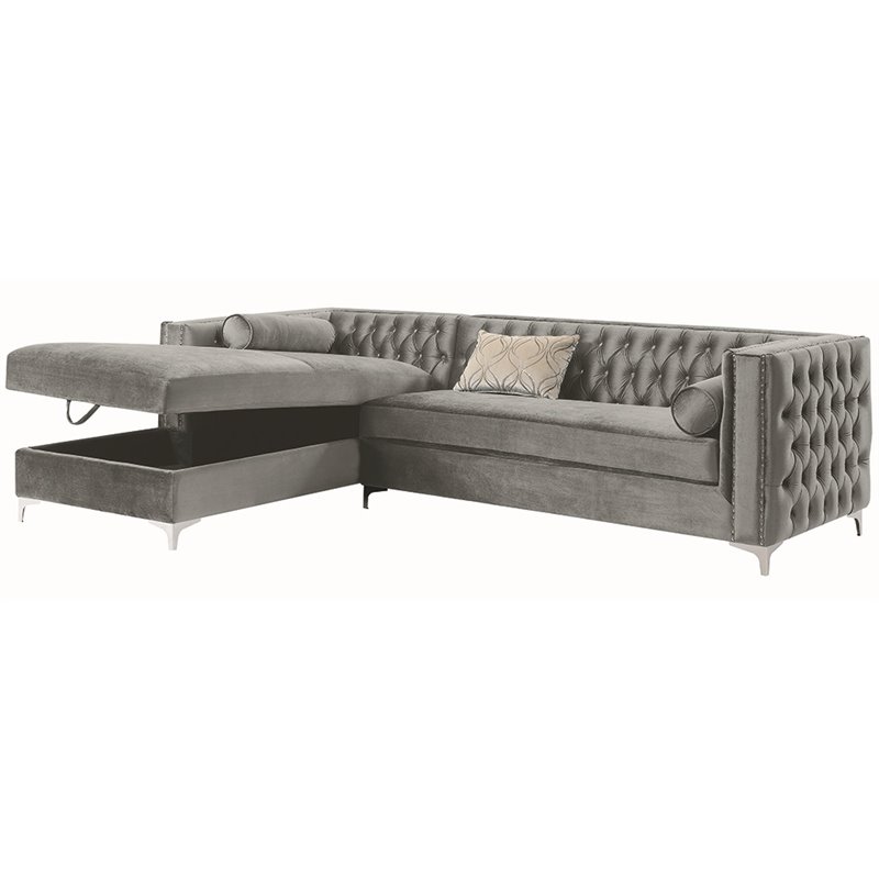 Coaster Bellaire Velvet Tufted Left Facing Storage Sectional in Gray