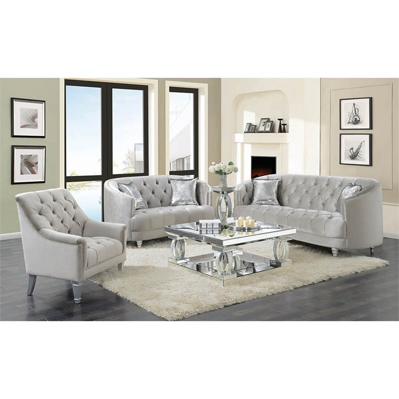 Coaster Avonlea Velvet Tufted Sofa In Gray And Silver 508461