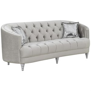 coaster avonlea velvet tufted sofa in gray and silver